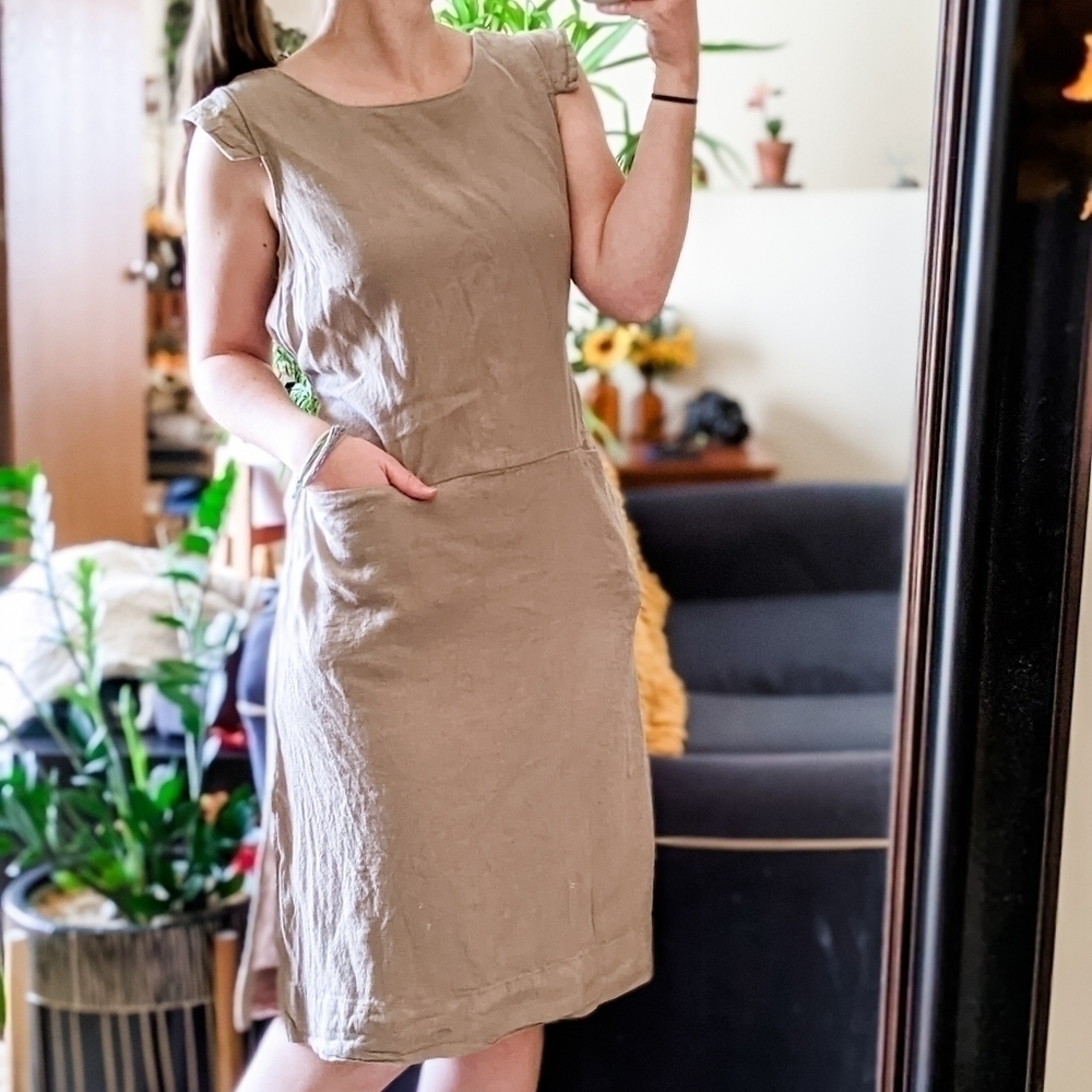 Prologue Lagenlook Linen Blend Peasant Beige Cottagecore Midi Dress - Size Small